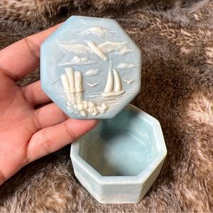 SAILBOAT - LIGHTHOUSE Robert Nemith Blue Incolay Stone Jewelry Trinket Box VTG